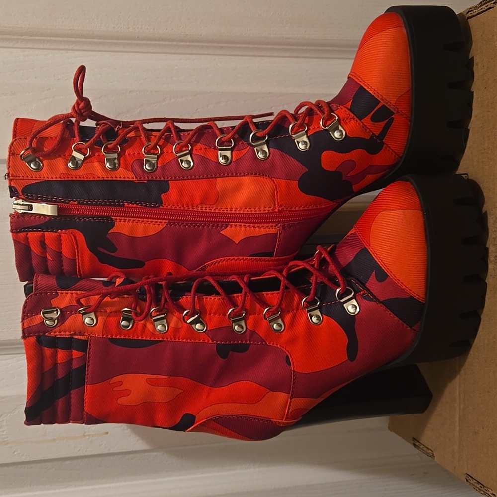 Azalea Wang Red/Black Camo Put It Down On Me Chunky Heel Boot